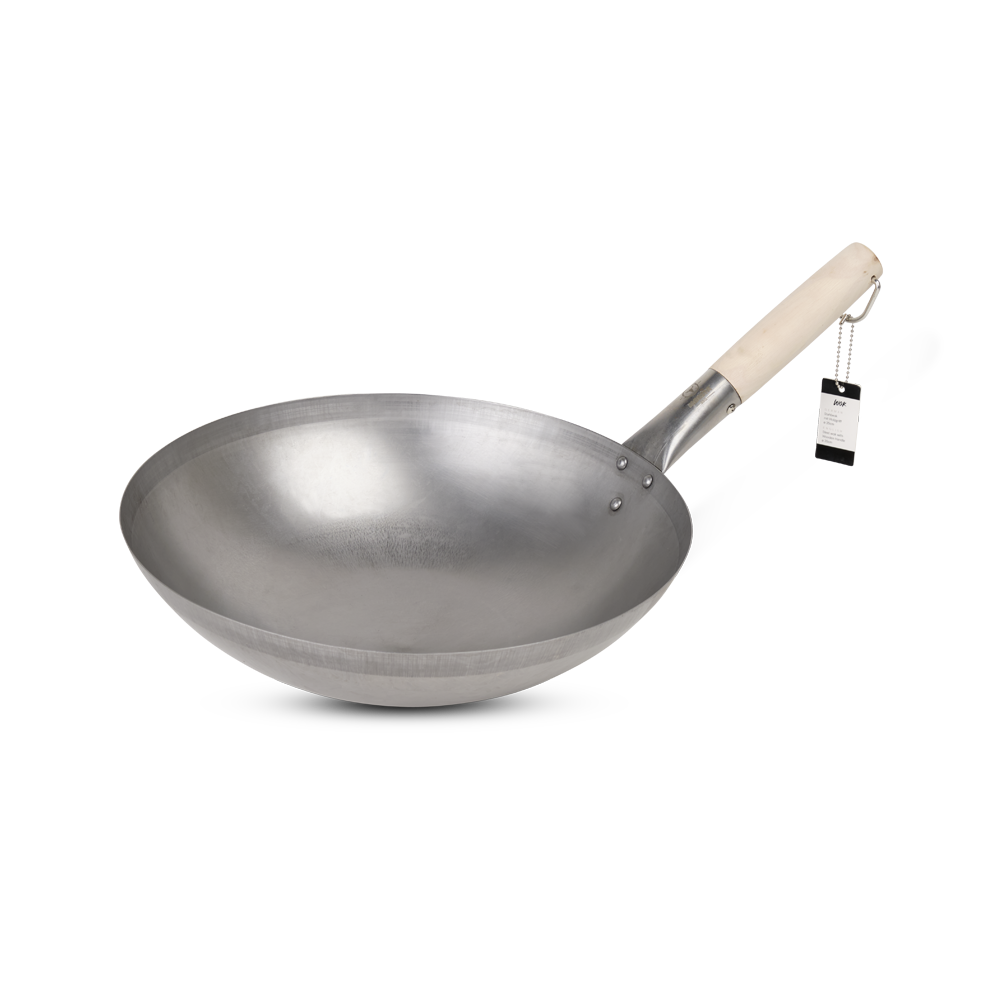 Steel wok with wooden handle